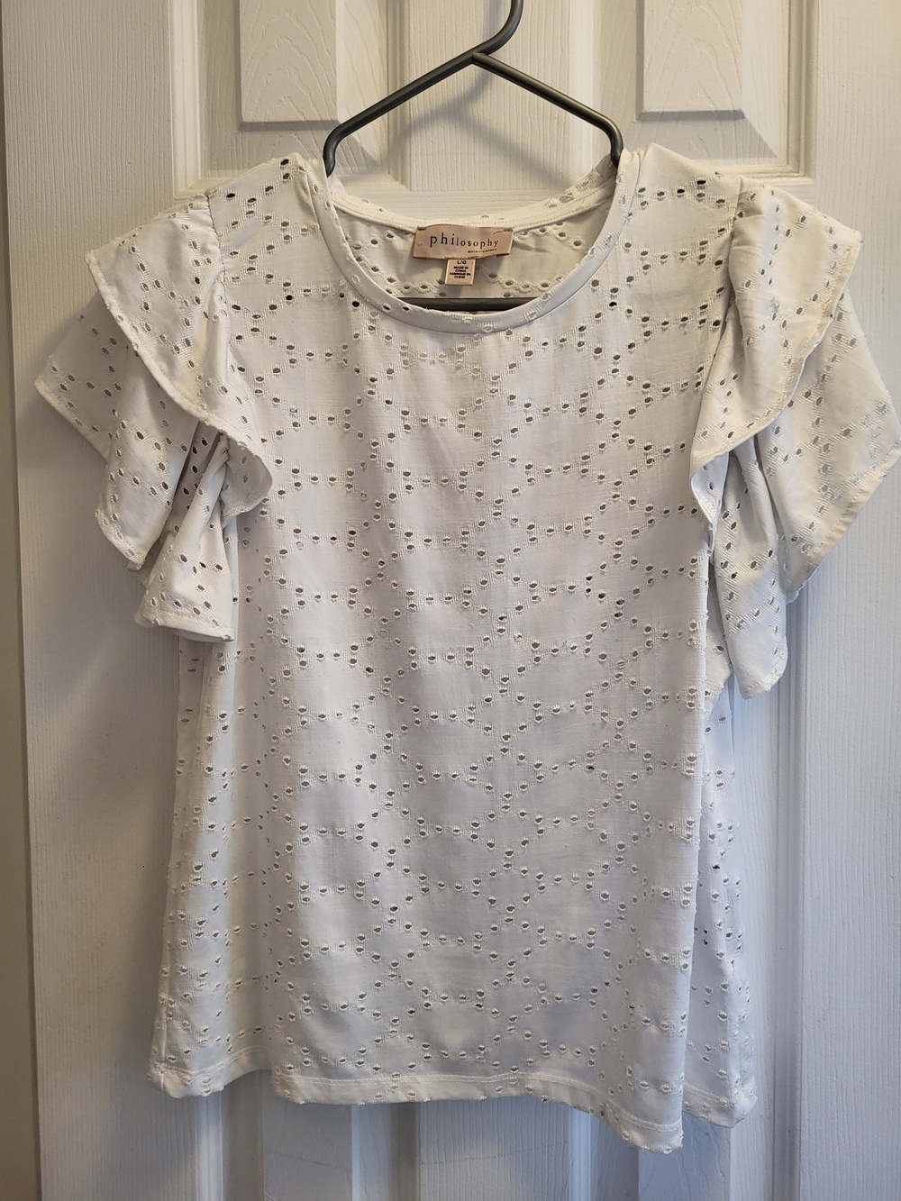 philosophy White Eyelet Ruffle Sleeve Top